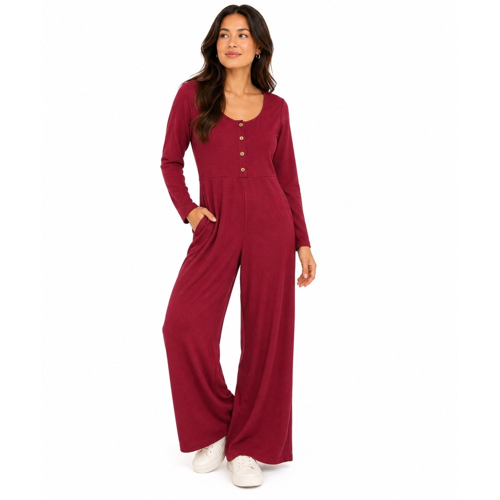 Three Bird Nest Long Sleeve Henley Wide Leg Maxi Jumpsuit Burgundy Size M